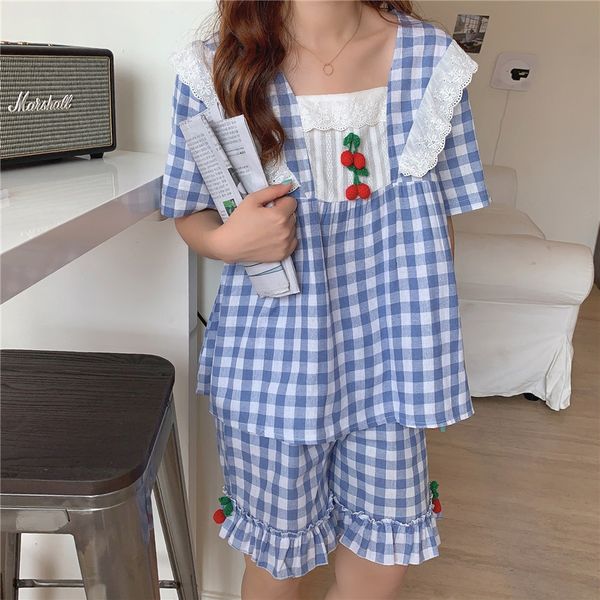 

casual dresses loose girls sleepwear plaid all match korean patchwork ruffles sweet homewear summer women pajamas sets n3f3, Black;gray