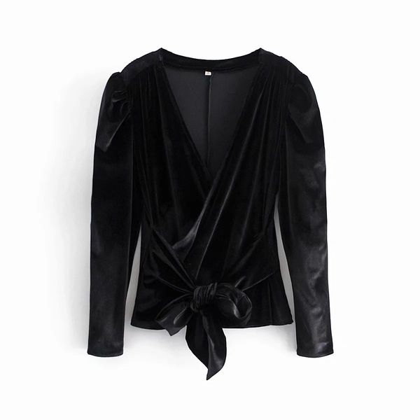 

autumn women blouse velvet v-neck long sleeves bow knot detail casual fashion woman ropa mujer femme 210420, White