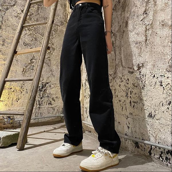 

black high waist vintage loose women jean chic straight wide leg denim plus size boyfriend mom, Blue