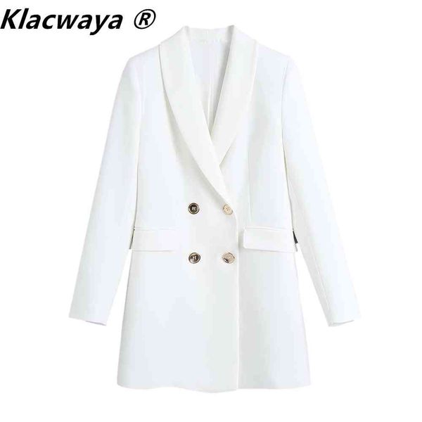 

women blazer coat double breasted vintage long sleeve pocket solid color female outerwear chic suit jacket 210521, White;black