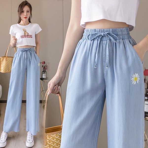 

women's pants & capris tencel denim wide leg summer high waist slim thin loose drape viscose fiber straight-leg women, Black;white