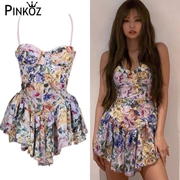 Jennie kim celebridade estilo vintage impresso camisole mini vestido sexy mulheres noite casual vestidos de praia festa plissada chique 210421