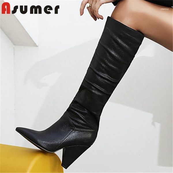 

boots asumer 2021 big size 48 knee high women pointed toe autumn winter heel wedges shoes party prom long woman11, Black