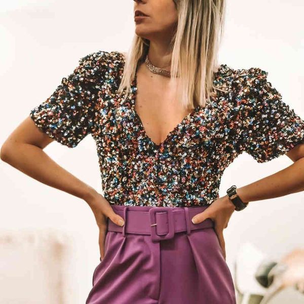 

casual dresses woman colorful sequined v neck spring summer fashion ladies shiny club t-shirt female chic blingbling top, Black;gray