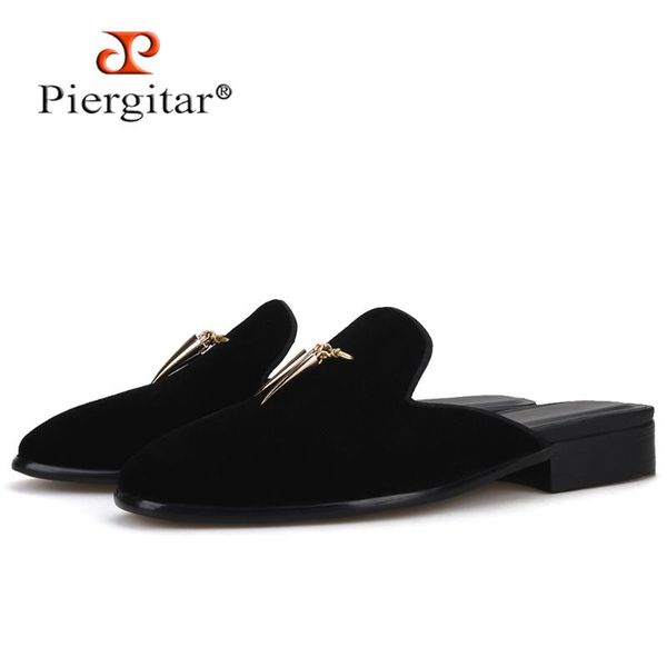 

slippers piergitar 2021 style handmade metal decoration men velvet fashion party and show men's mules male smoking, Black