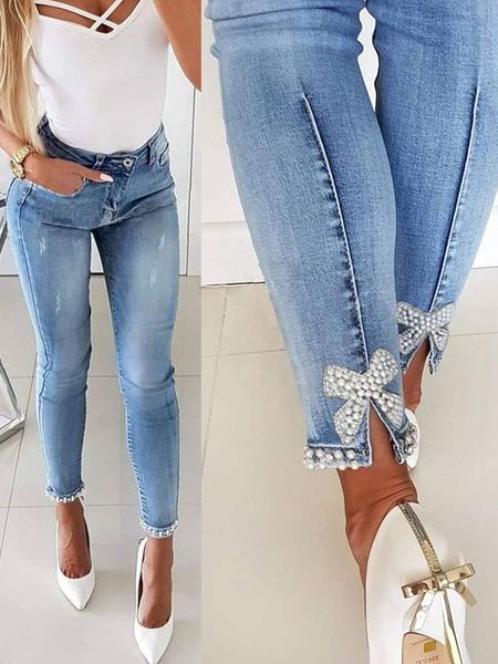 

women's jeans ladies denim trousers, style beaded bow blue slim