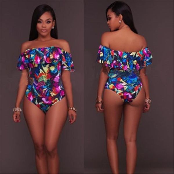 

one-piece suits women flower printing swimsuit bandage off shoulder beachwear swimwear monokini bikini bathing suit