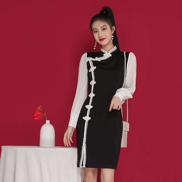 

ethnic clothing chic chinese wind restoring ancient ways cultivate morality temperament girl black dress daily modified cheongsam, Red