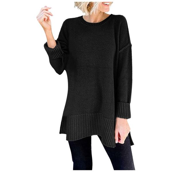 

women's sweaters o-neck black long sweater sleeve side slit loose casual autumn winter knit pullover jumper tunic pull femme, White;black