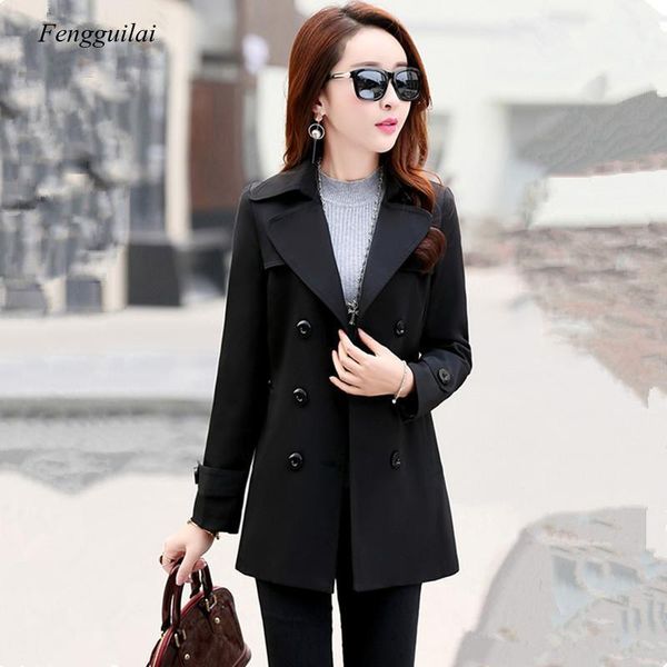 

women's trench coats spring and autumn windbreaker fashion belt double-breasted solid color all-match casual short, Tan;black