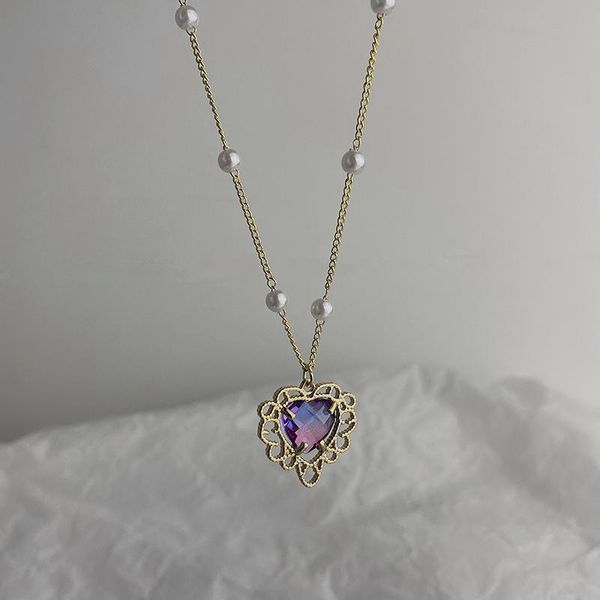 

chains kpop fairy transparent purple love heart crystal pendant clavicle chain pearl chocker necklace for women egirl aesthetic jewelry, Silver