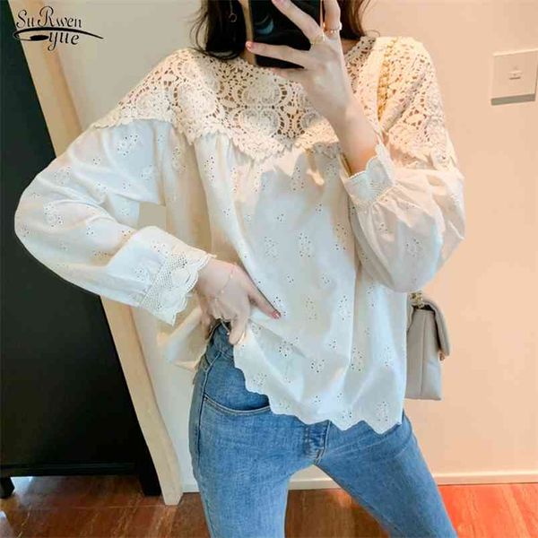 

spring summer shirts for women chic hollow out loose fashion shirt blouses long sleeve solid casual vinatge 13262 210421, White