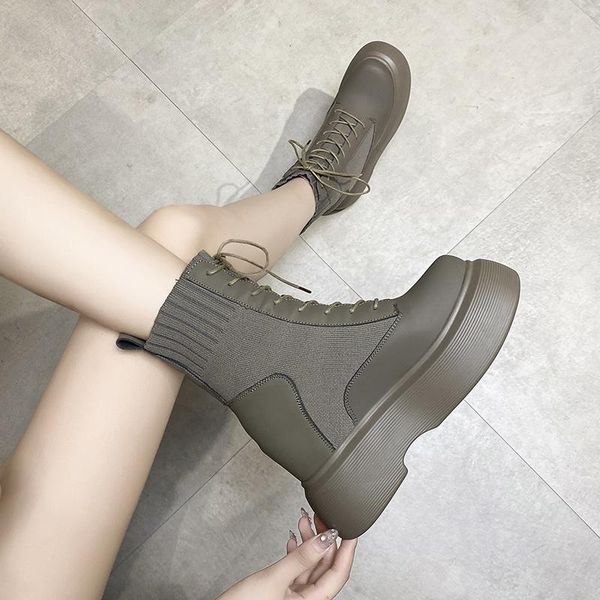 

boots women ankle punk high platform motorcycle booties winter chunky sneakers woman sock shoes chaussure femme botas mujer 9cm, Black