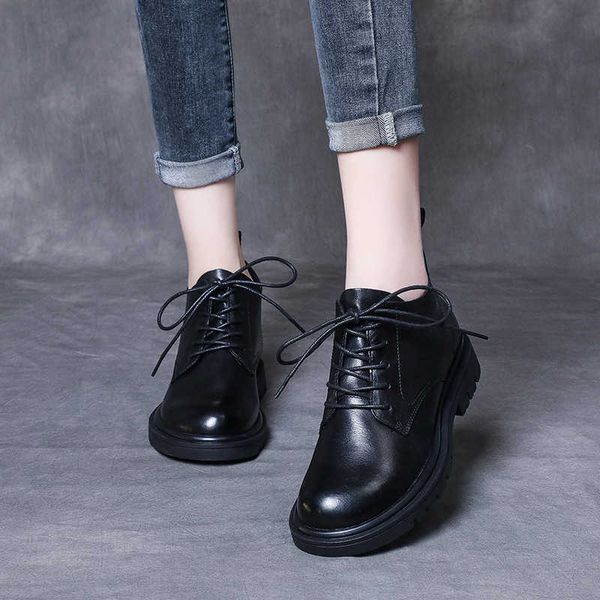 

calf leather short boots women's 2021 autumn winter soft bottom lace up calf low heel versatile martin, Black