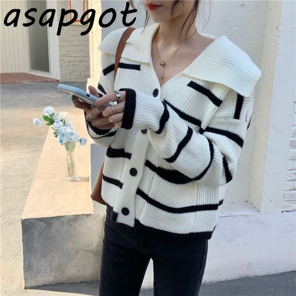 

sweater autumn preppy style black white striped knitted cardigan jacket turn down collar contrast color casual student men 210429