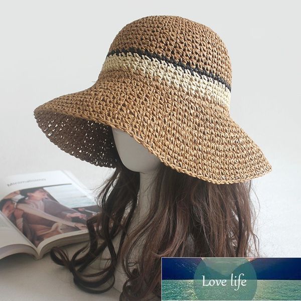 

new fashion simple portable summer beach hat female casual panama hat lady brand women flat brim straw cap girls sun hat bob factory price e, Blue;gray