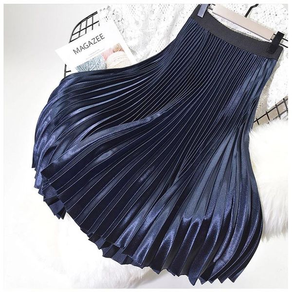 

skirts two layer satin pleated summer womens metallic high waist strechy midi skirt female casual jupe 2021 fashion a-line, Black