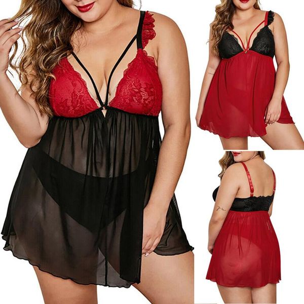 

women's sleepwear nightie plus size underwear nightdress lace ruffled high neck babydoll lingerie nightgown, Black;red