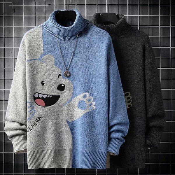 

men's sweaters oversized high collar bear sweater men casual autumn winter warm pullover male loose knitted personality, White;black