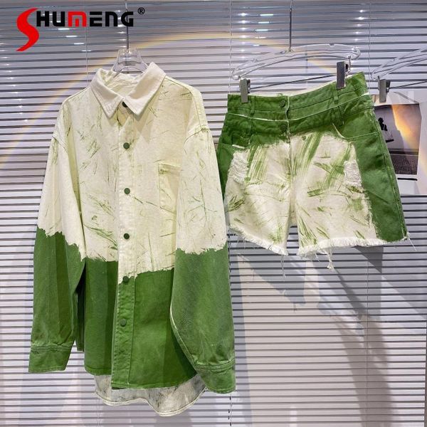 

spring washed contrast color long sleeve denim shirt graffiti shorts two-piece suit women's outfits set tracksuits, Gray