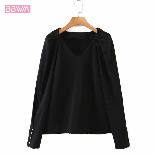 

black v-neck lantern sleeve button decoration hem long sleeve western chic women's shirt french wild female 210507, White