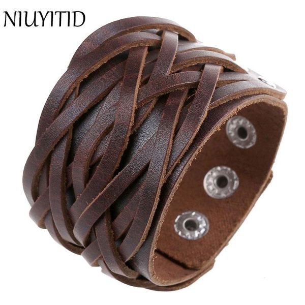 

tennis niuyitid vintage punk wide genuine leather bracelets for men women brown hand jewelry male, Golden;silver