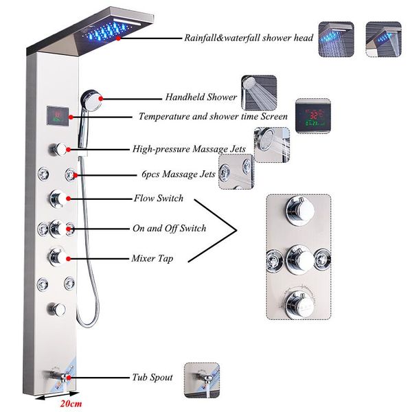 

vidric shower faucet set led rainfall waterfall panel massage jets temperature screen three handles bathroom showe sets