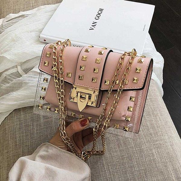 

clear brand designer woman small fashion menger bag chains shoulder female rivets transparent square pu handbag