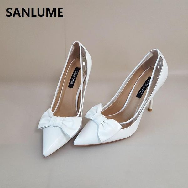 

10cm women pointed toe leather high heels white butterfly-knot dress shoes lady party pumps size 40, Black