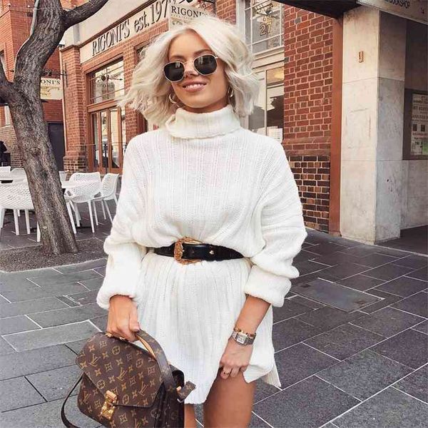 

casual knitted sweater dress women autunn winter turtleneck ribbed oversized high fashion streetwear 210427, Black;gray