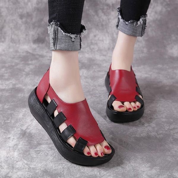 

sandals 2021 summer genuine leather flat platform for women hollow out mixed colors breathable peep toe ladies, Black
