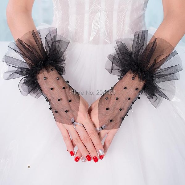 

bridal gloves black wedding party fingerless tulle short with pearls, White