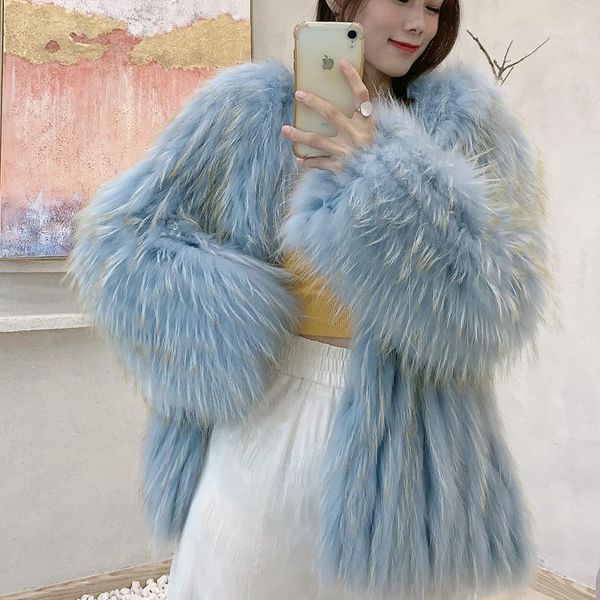 

women's fur & faux 2021 fashion real raccoon coat women winter overcoats luxury furry genuine natural dog hooded jacket female, Black