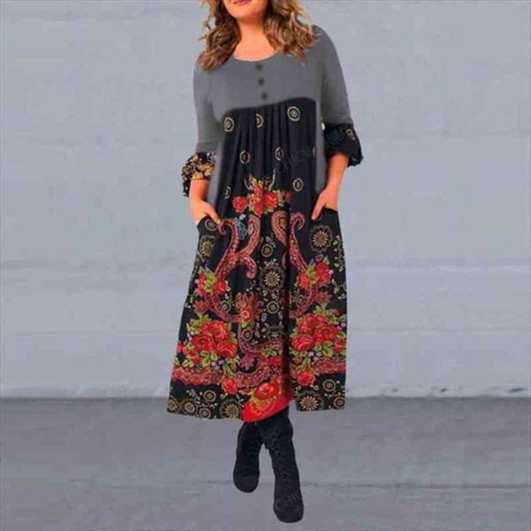

casual loose elegant o neck womens dress vintage party autumn spring fashion pattern patchwork print a line female dresses, Black;gray