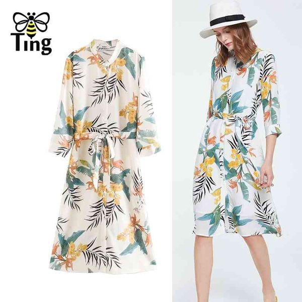 

women sunmer casual shirt dress stand collar tropical leaf print lady single breasted street fashion plus size 2xl 210513, Black;gray