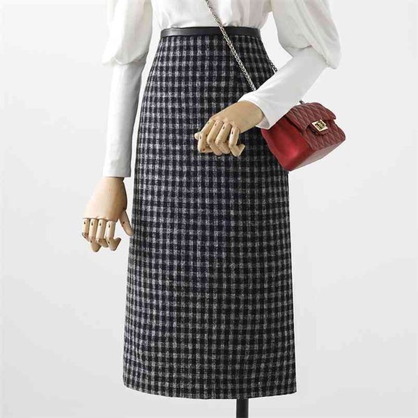

woolen skirt women's autumn and winter style slim high waist mid-length plaid a-line back split hip hk154 210507, Black