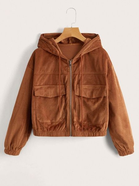 

solid corduroy zip up flap pocket jacket 60sm#, Black;brown