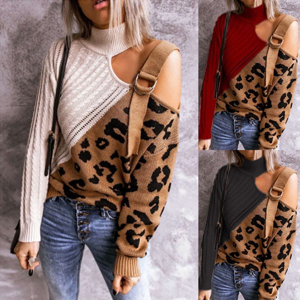 

women's sweaters sweaters sweatersautumn and winter irregular off stitching leopard print pullover high neck knitted shoulder belt swea, White;black