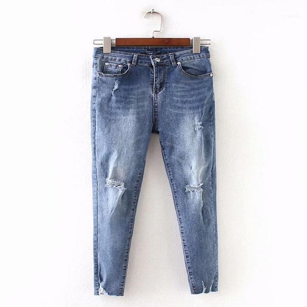 

fashion high waist stretch hole small feet casual jeans1, Blue