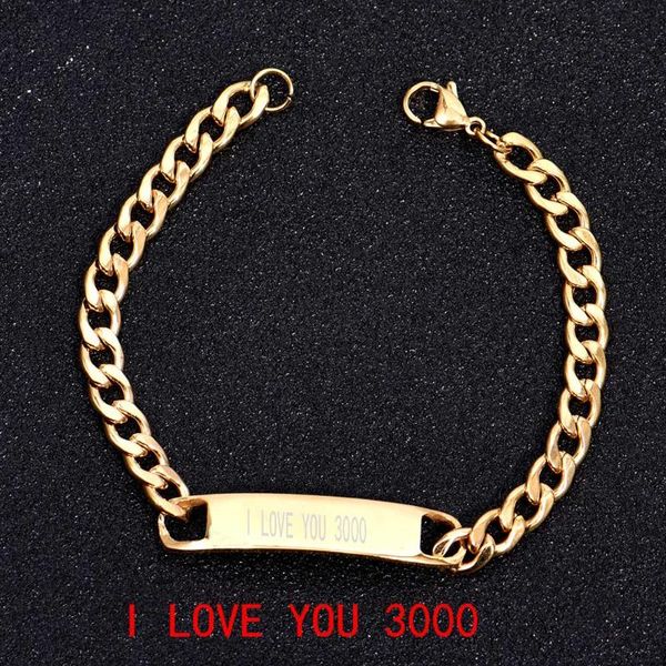 

charm bracelets gold personalized engrave name motto id tag custom stainless steel i love you 3000 bracelet simple bangle jewelry, Golden;silver