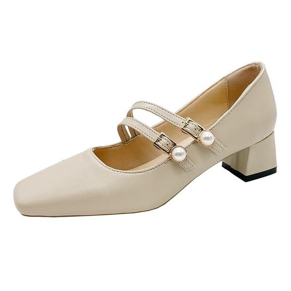 

women office leather shoes 2021 spring vintage elegant bead buckle square toe pumps mary janes beige mid heel sandals dress, Black