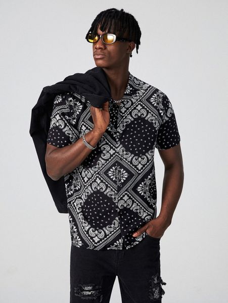 

men paisley scarf print button through shirt k933#, White;black
