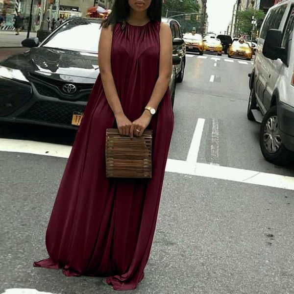 

2021zanzea women bohemian long maxi dress o-neck lace up sleeveless summer sundress casual loose solid beach robe vestidos 5xl, Black;gray