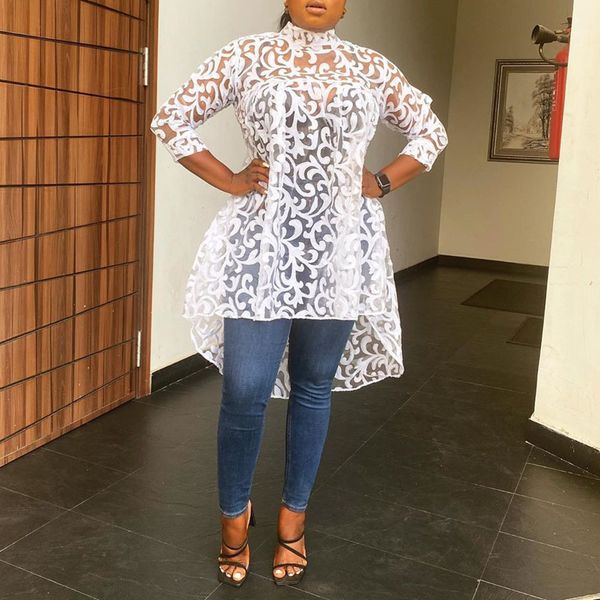 

clocolor sheer african fashion white lace plus size blouse women summer fall office lady work wear 3xl long shirt 2021