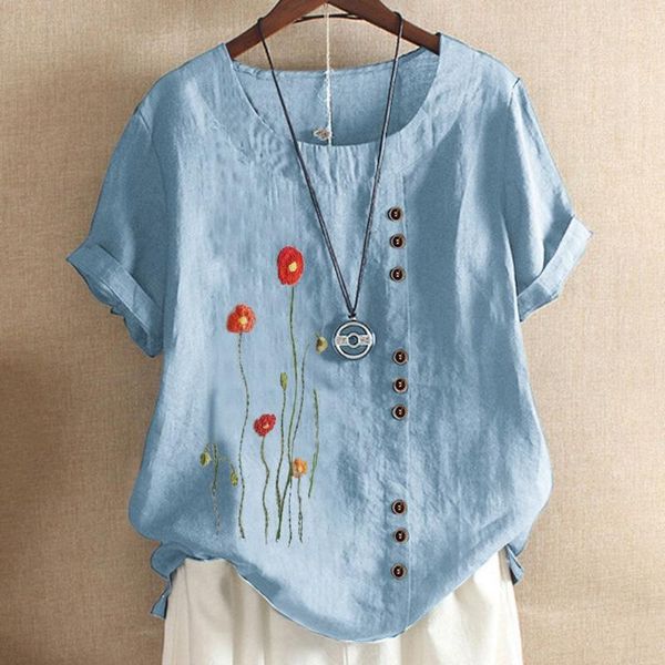 

vestidos verao ropa mujer women vintage print o-neck floral button shirt short sleeves blouse for women's blouses & shirts, White