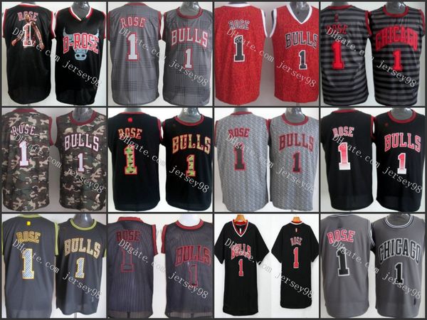 

chicago bul men ls#1 derrick rose gray retro basketball jersey, Black