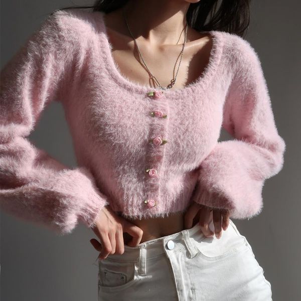 

women's knits & tees pink plush cardigan knit sweater crop with rose buttones fluffy, White
