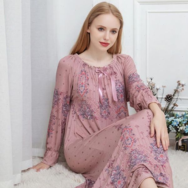 

modal nightdress nighties women sleepwear long sleeve cotton floral printed home dress sleeping loose nightwear plus size, Black;red