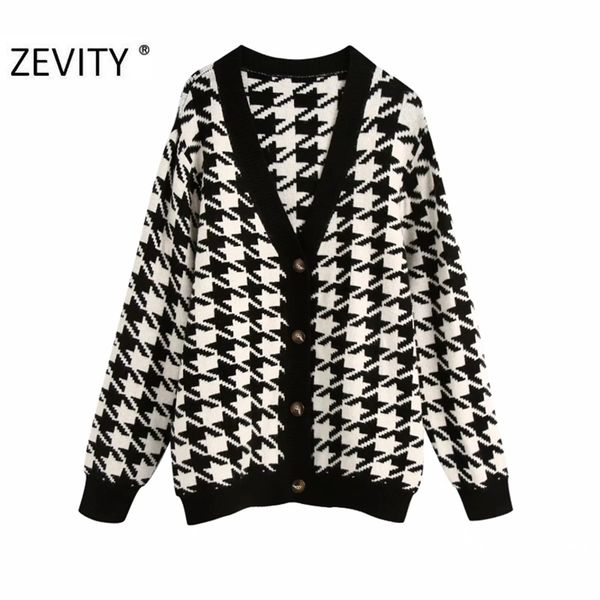 Kadın Moda V Boyun Houndstooth Hırka Örgü Kazak Bayanlar Uzun Kollu Göğüslü Retro Kazak Chic Tops S409 210420