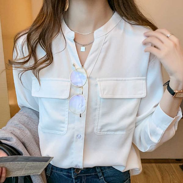 

long sleeve white blouse women shirts v-neck chiffon blouse shirt blusas mujer de moda blouse women female d527 210602